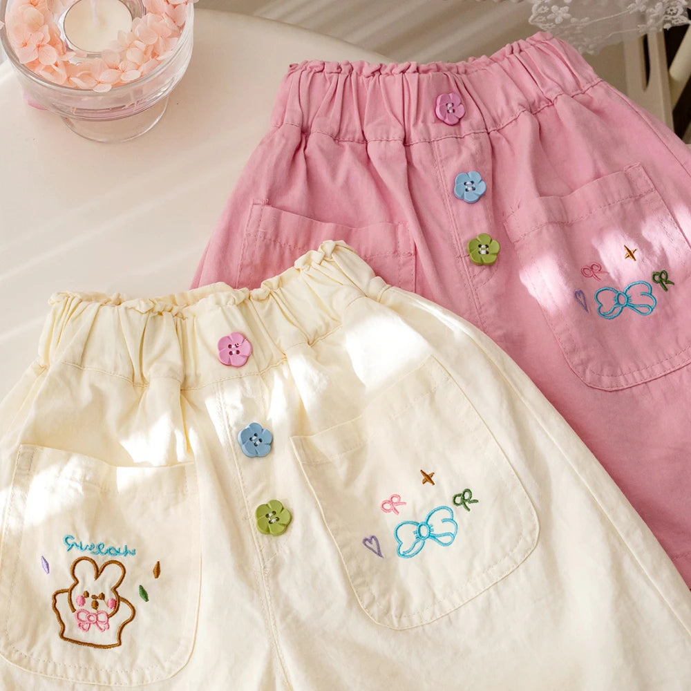 Baby Girls Shorts Toddler Embroidery Cartoon Short Pant Kid Elastic Waist Trousers 2024 Summer Children Clothes Casual