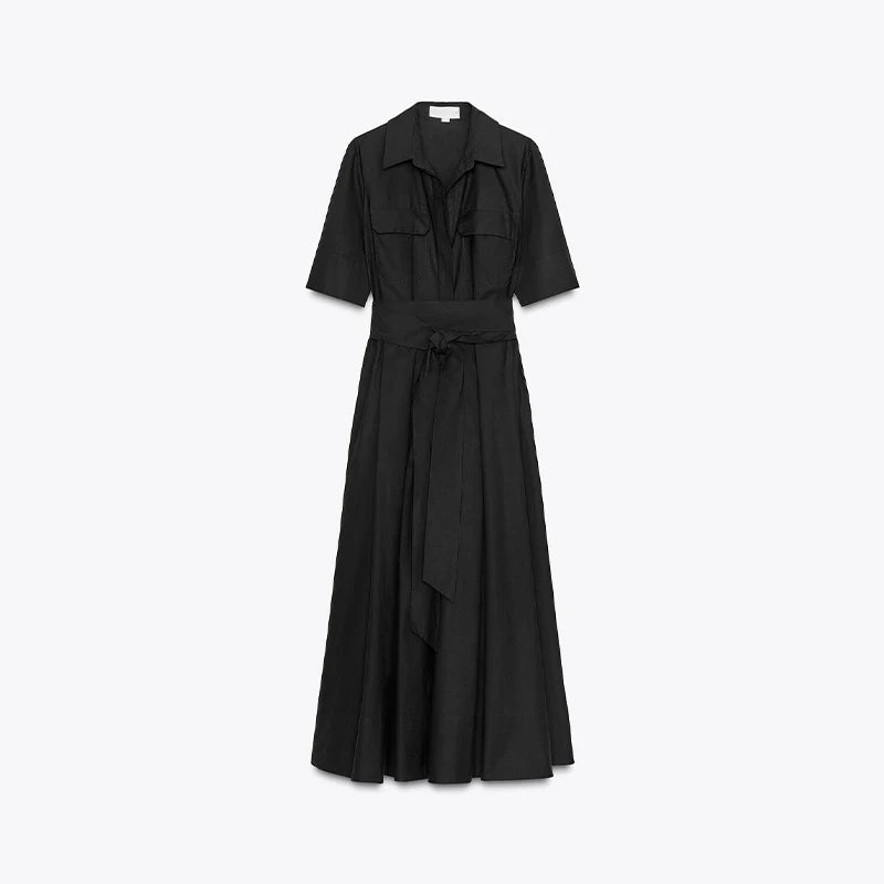 Elegant Belt Women Long Black Dress Full Sleeve Pleated Lapel Waist-Closed Female A Line Dresses 2026 Spring Lady Robes New