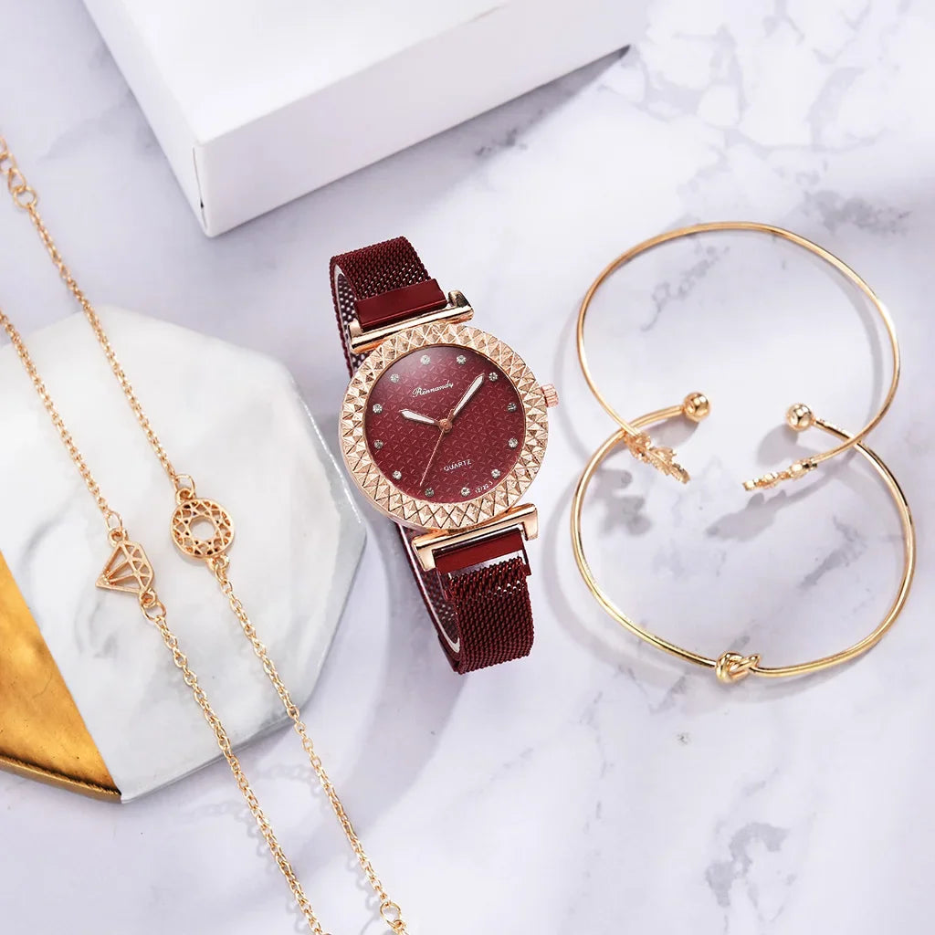 Luxury 5pcs Set Bracelet Watch Women Elegant Magnet Diamond Ladies Quartz Wrist Watch Dress Pink Clock Reloj Mujer Dropshipping