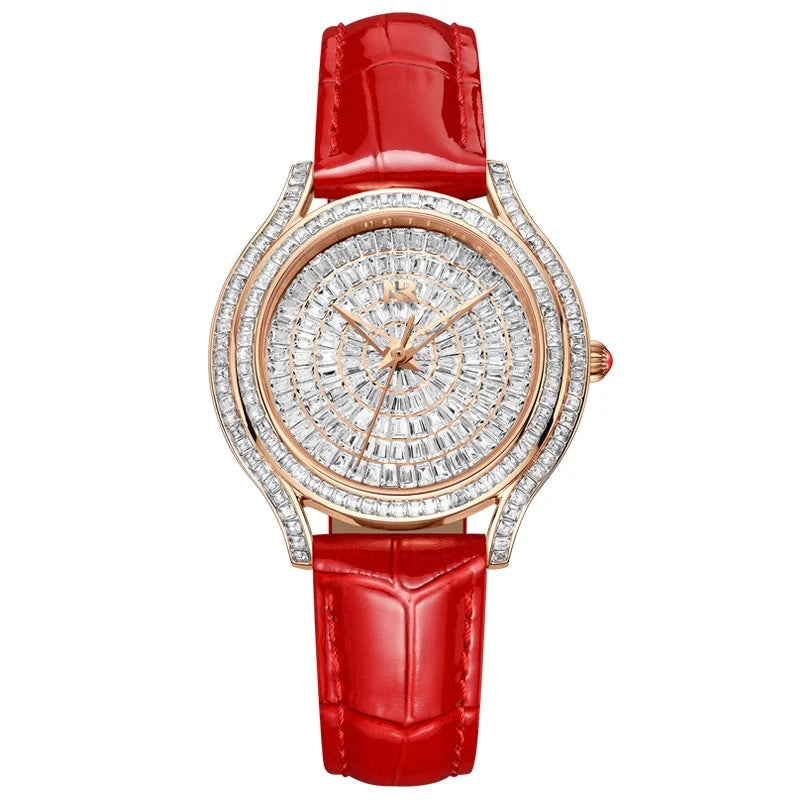 Women's Luxury Crystal Watch, Elegant Quartz with Embedded Diamonds, Round Leather Strap, Casual Business Wristwatch for Women