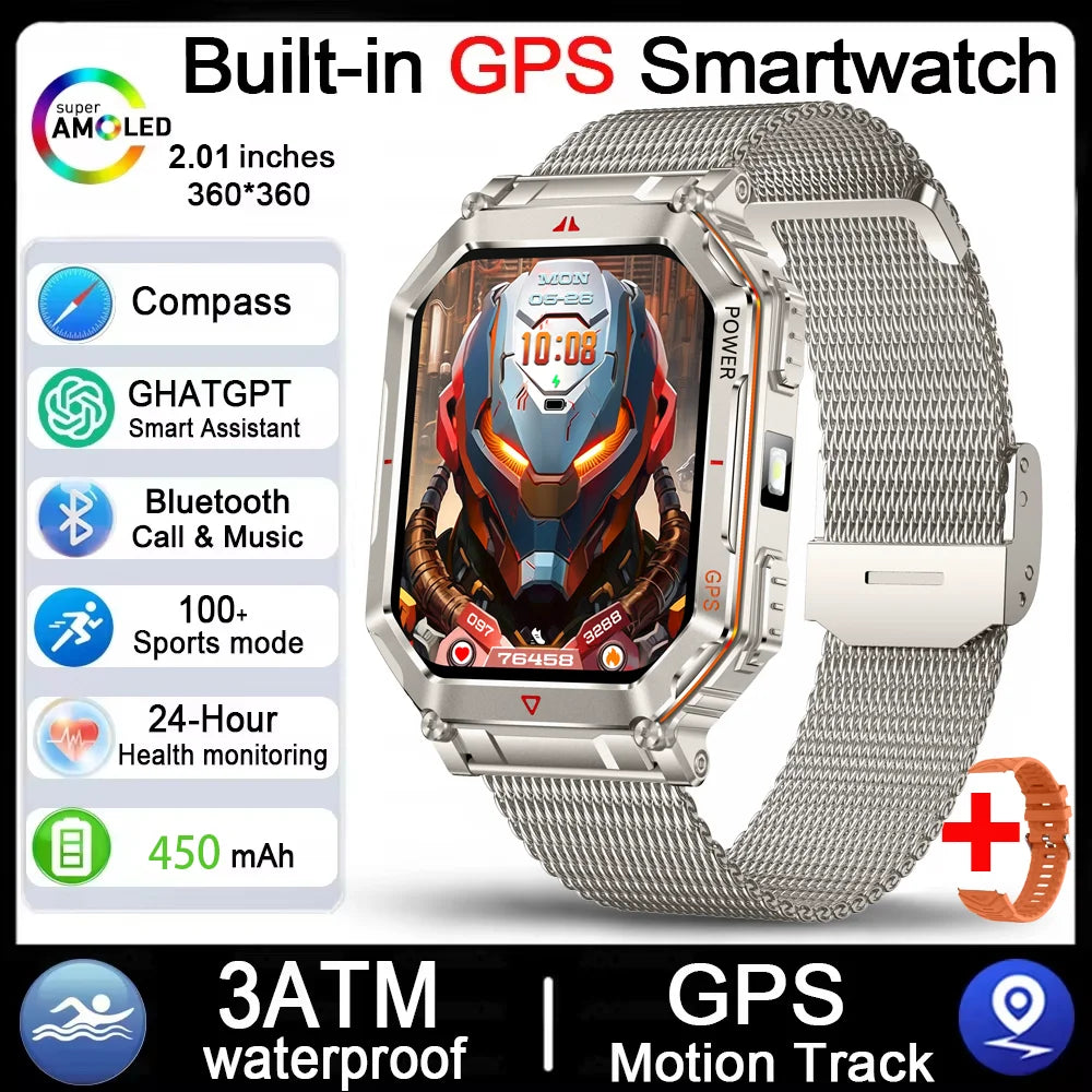 2026 New Men GPS Sports Smart Watch 2.01'' AMOLED Compass Heart Rate 400mAh Battery Bluetooth Call 10ATM Waterproof Smartwatch