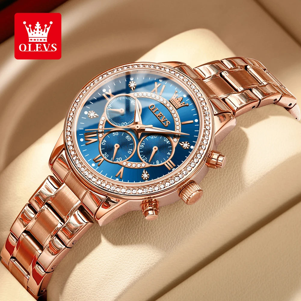 OLEVS Women's Watches Top Brand Luxury Original Quartz Watch for Ladies Chronograph Waterproof Luminous Rhinestone Dial 24 Hour