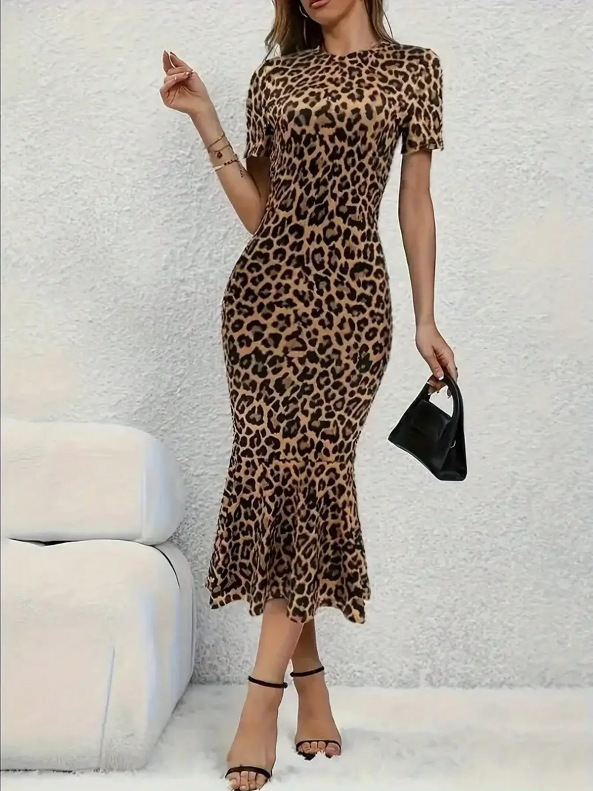 Spring Summer Fashion European Style Leopard Print round Neck Short Sleeve Fish Tail Hem Long Dress