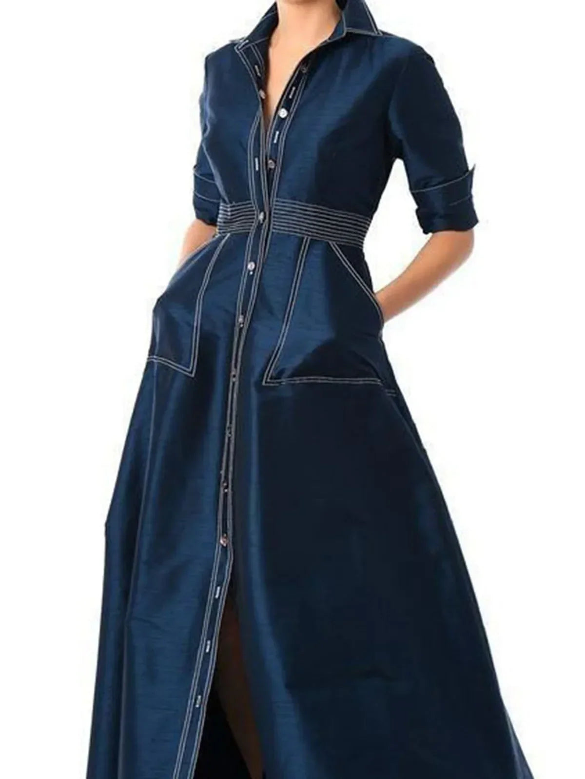 Women Elegant Dress Turn Down Collar Button A-Line Office Lady Vintage Casual Shirt Dress Autumn Spring Pockets Long Dress