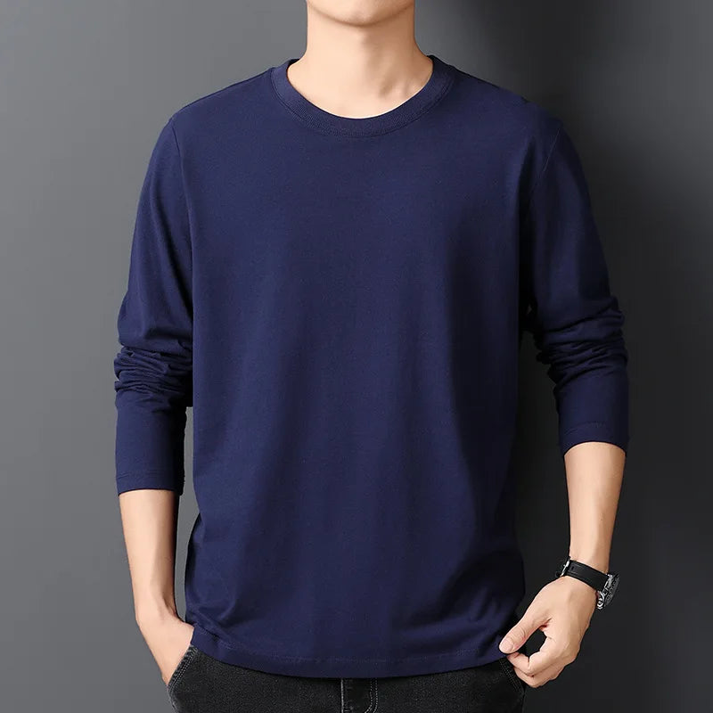 Spring Autumn 100% Cotton T-Shirts Men Solid Round Neck Long Sleeve Casual Tshirt Male Comfortable Breathable Korean Slim Tees