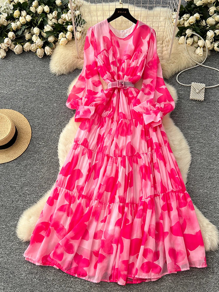Spring Summer Women's Long Sleeved Printed Large Swing Dress New French Fashion Beach Style Cinched Round Neck Long Dress Y01
