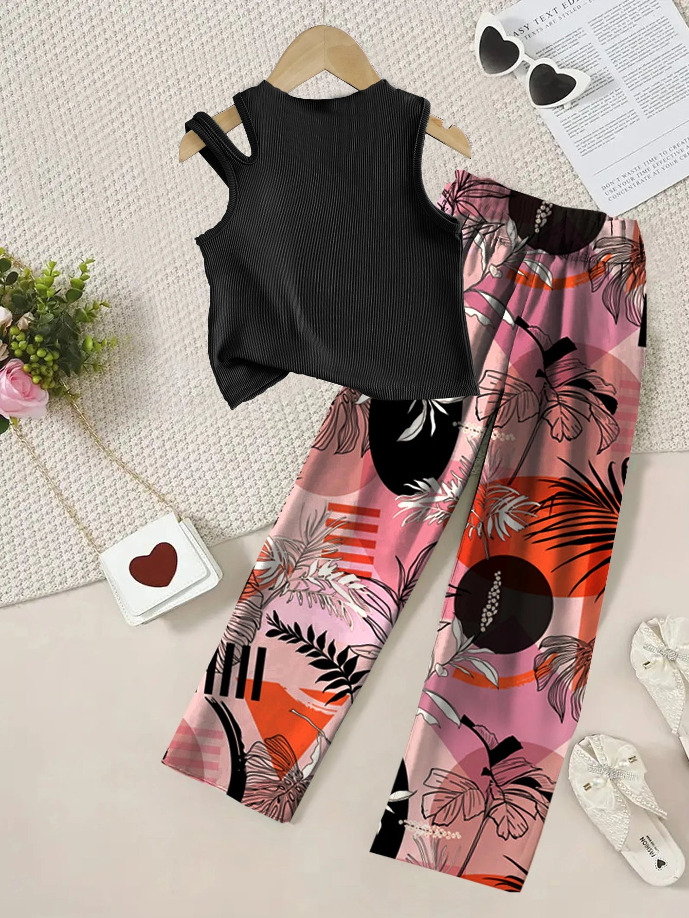 Summer Teenage Girls Clothing Set Off-Shoulder Ribbed Tank Tops and Printed Pants Two-Piece Sets for Kids Girl 6-14 Y