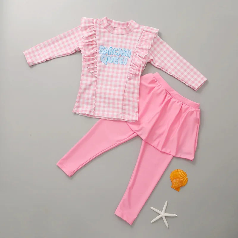 Girls swimwear Sun protection Quick drying Girls Long sleeved pants Swimwear Children swimwear Plaid Print Korea Style Suit