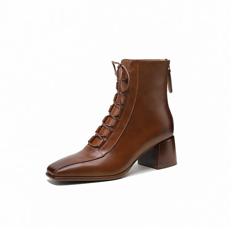 2022 Autumn Women Boots Square Toe Back Zipper Women Shoes Chunky Heels Shoes for Women High Heel Boots Vintage Leather Shoes