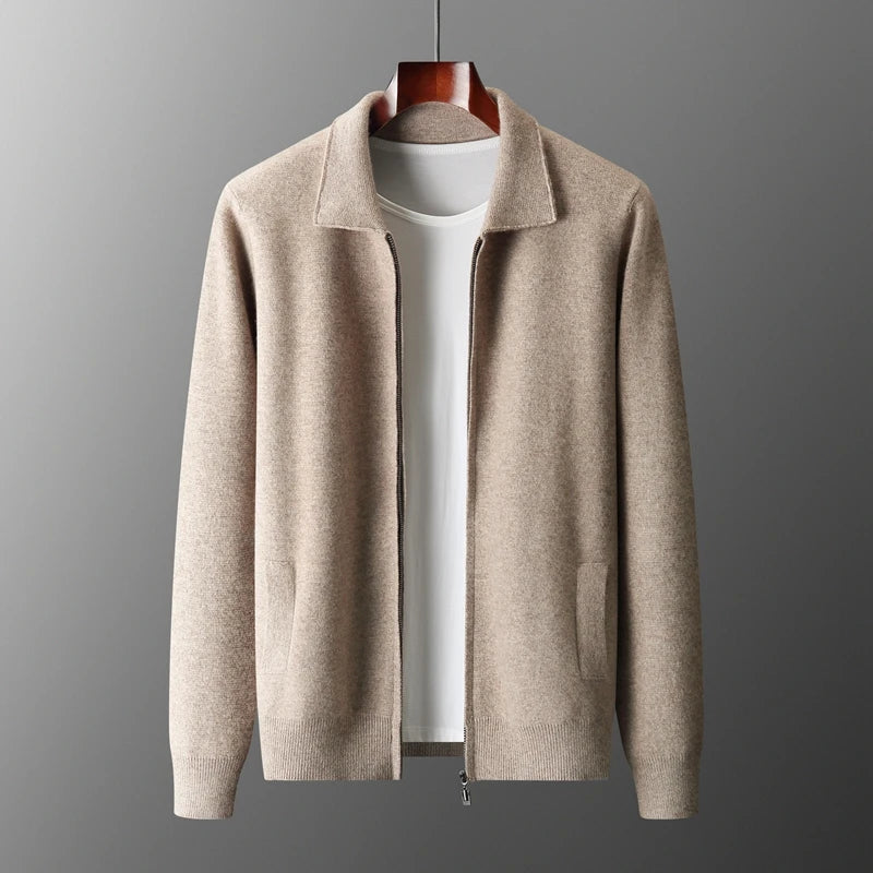 Men's Cardigan 100% Pure Cashmere Jacket Zippered Lapel Knit Sweater, Loose Thickened Long Sleeved Business Casual Autumn Winter