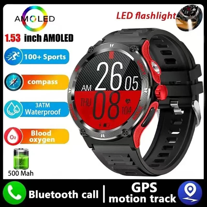 New Flashlight watch For GPS NFC Smart Watch Men AMOLED Screen Heart rate Bluetooth Call IP68 Waterproof Man Watch 500mAh
