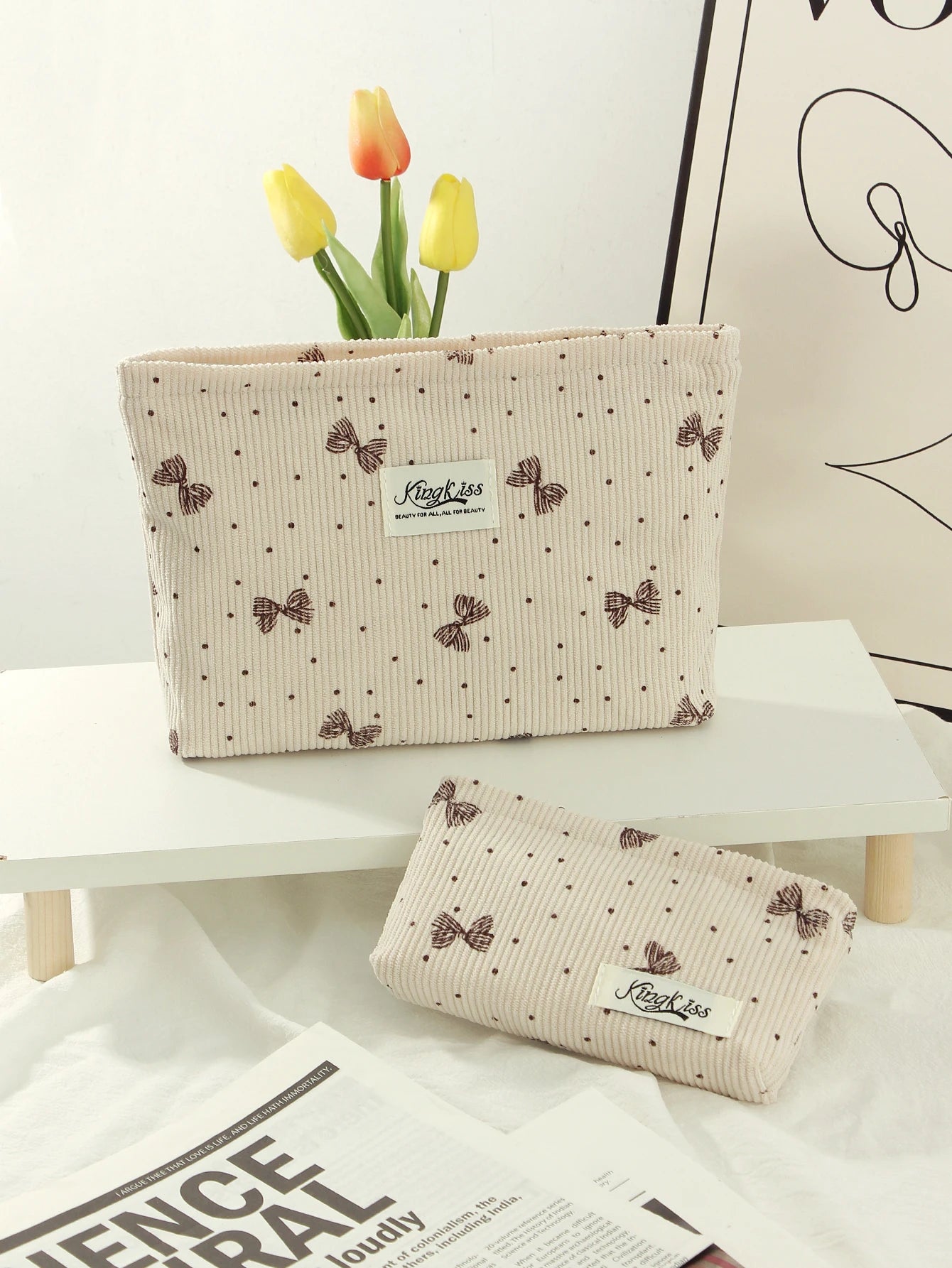 1 piece/set beige heart, bow makeup bag, heart pattern clutch, multifunctional fashion makeup bag, cute makeup brush storage bag