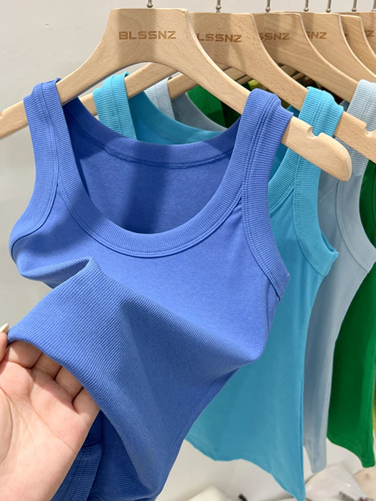 Women Solid Round Neck Ribbed Tank Top Camisole Women 2026 Summer Basic Elastic Tank Top O Neck Solid Tank Top