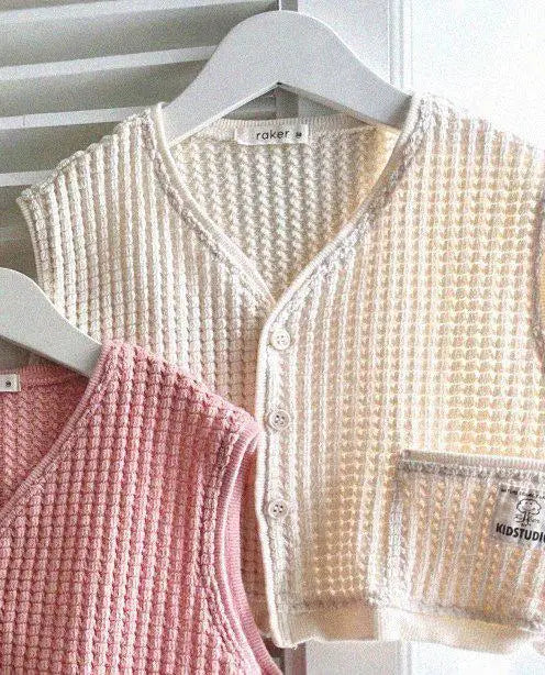 Spring New Baby Sleeveless Vest Infant Boy Girl Waffle Cardigan Coat Toddler Solid Casual Vest Kids Pocket Tops Jacket