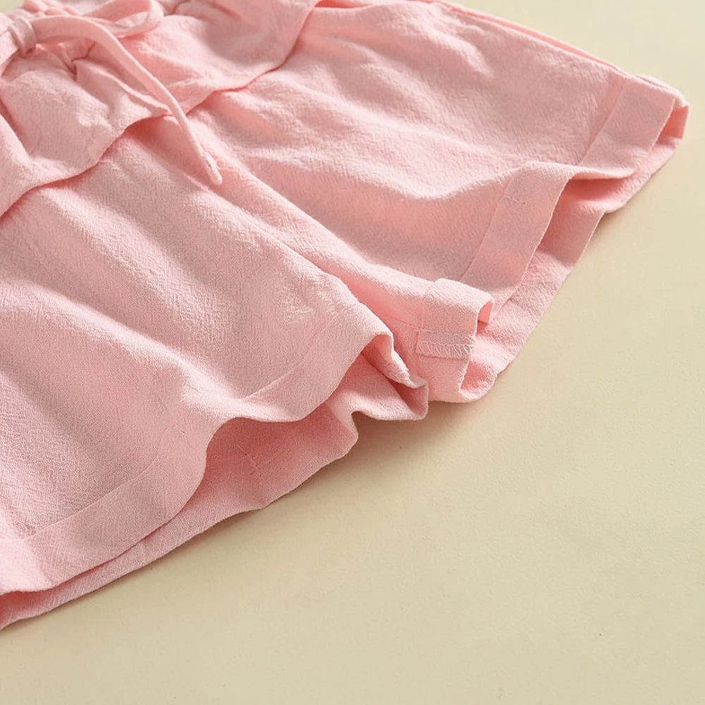 Menoea Conjunto de verano para niña, Top sin mangas bordado con flores y cuello redondo, pantalones cortos con cordones, conjunto de vacaciones informal de dos piezas