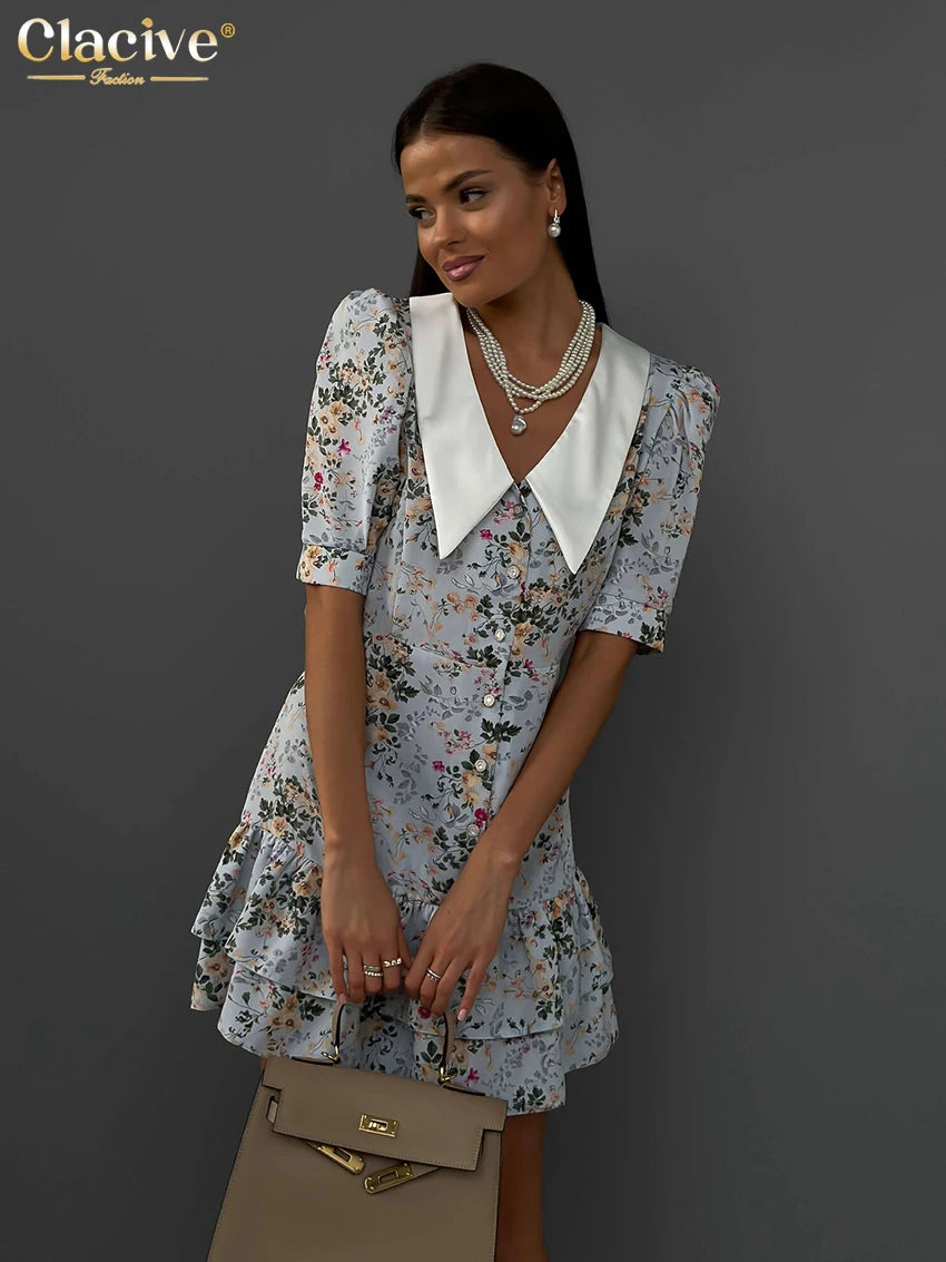 Clacive Summer Slim Print Women's Dress 2024 Fashion Lapel Short Sleeve Mini Dresses Elegant Classic Patchwork Female Dress
