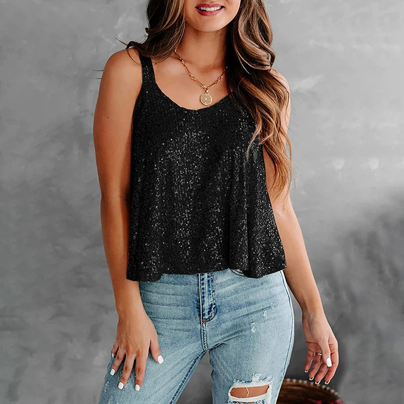 Sleeveless Sequin Tank Top Club Gala Women's Party Top Halter Top