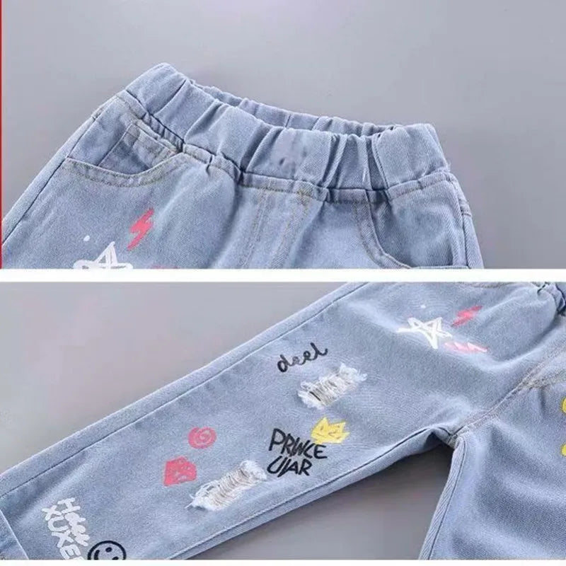 Girls' Jeans 2023 Spring and Autumn New Print Girls' Light Color Fashionable Jeans Kids' Loose Girls' Pants Kids Trousers