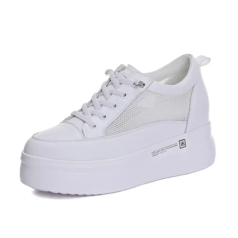 7cm Women Shoes Genuine Leather White Air Mesh Sneakers Chunky Shoes Platform Wedge Spring Autumn Breathable Summer Shoes 40
