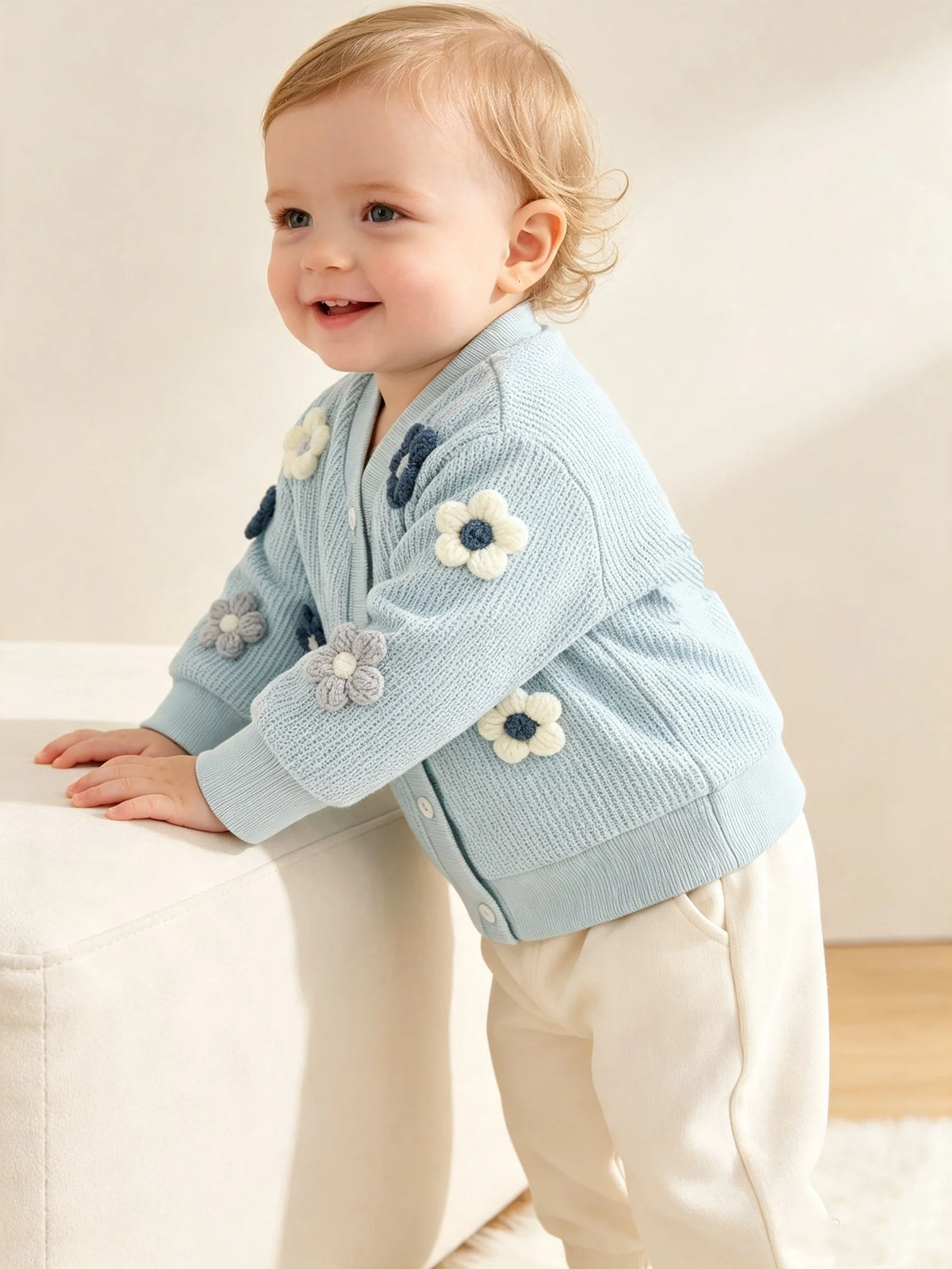 Toddler Girls Cute 3D Floral Applique Cardigan Light Blue Ribbed Knit Button Up Jacket Infant Spring Fall Casual Wear