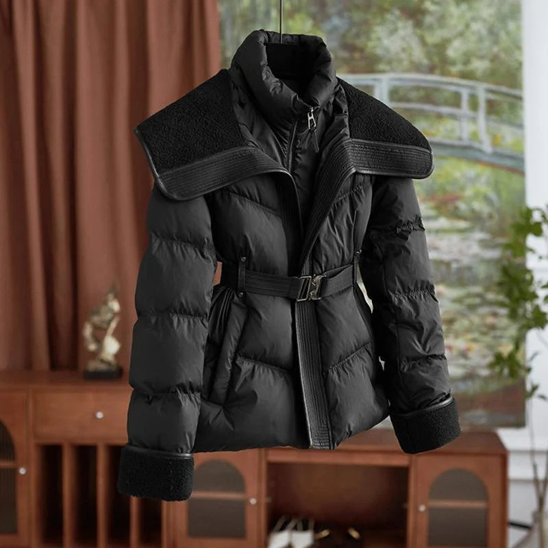2025 New Winter Jacket Coat Female Parkas Fashion Lamb Wool Double Collar Short Belt Warm Down Cotton Jacket Women Outerwear Top