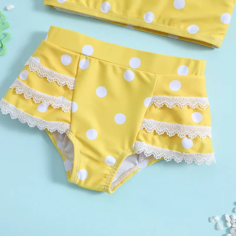 Traje de baño para niña pequeña, traje de baño de 2 piezas, conjunto de bikini con parte superior floral de verano, pantalones cortos de encaje