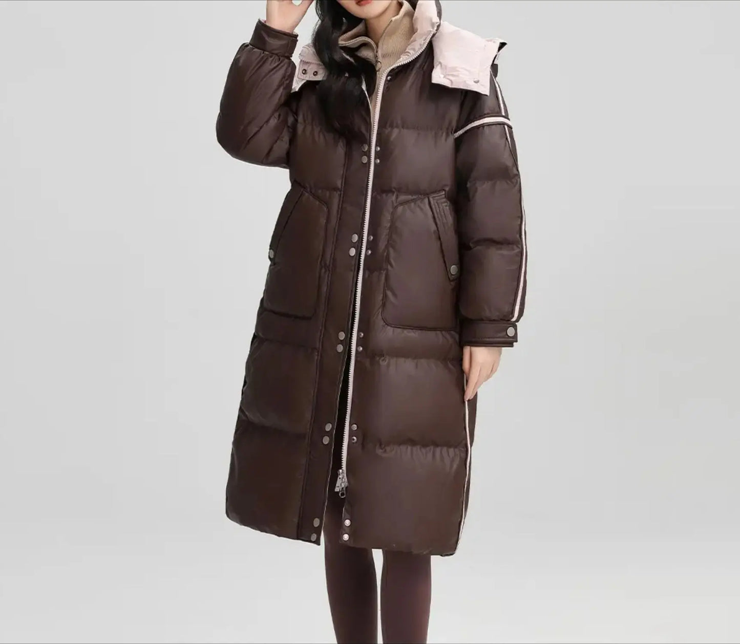 Winter Color-matched Plaid Hooded Casual Knee-length Down Jacket