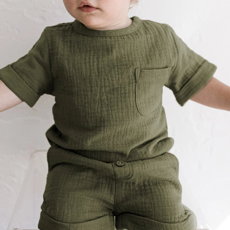 Vintage Muslin Boys And Girls Suit 100%Cotton Double Gauze T-Shirts Pocket Shorts 2pcs Sets Summer New Children's Clothing TZ382