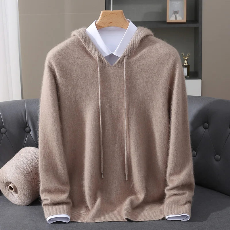 Men's Clothing: 100% Pure Mink Cashmere Knitted Sweater Casual And Loose Large-Sized Hooded Pullover Autumn Winter New Products
