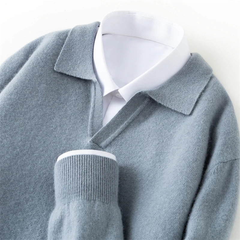 Autumn/Winter Men's 100% Pure Cashmere Pullover Business Casual Solid Knitted Sweater Loose Collar Tops Thick Warm Base Jumper