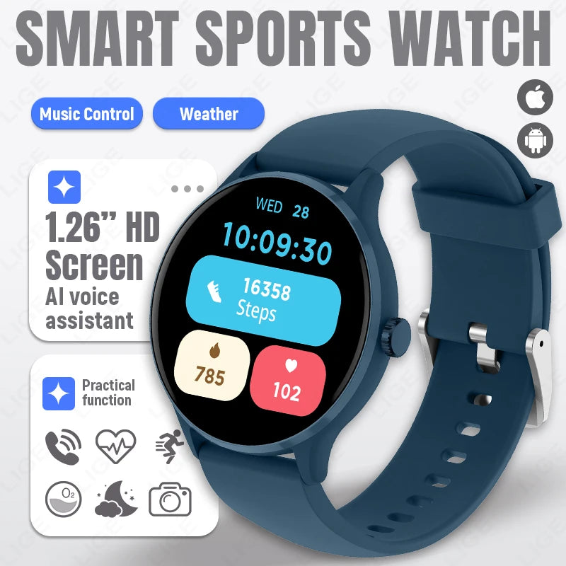LIGE New Men Smart Watch Sports Fitness Bracelet IP68 Waterproof Bluetooth Call 1.26 inch Men Women Health Monitoring Smartwatch