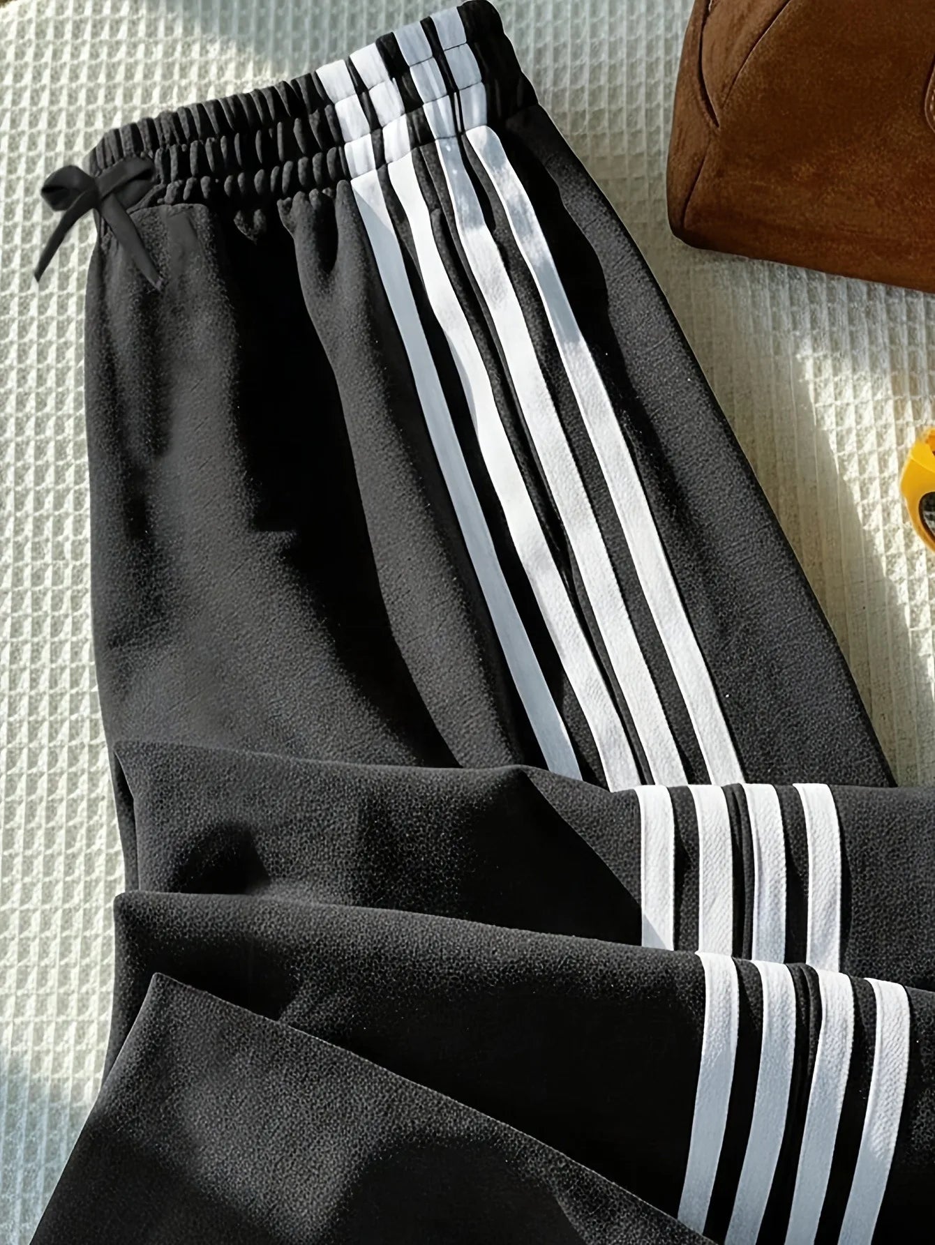 Girls Trendy Black Wide Leg Pants, 3 White Striped Drawstring Waist Trousers with Bowknot Detail Casual Streetwear