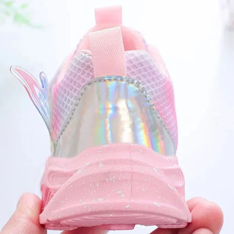 Zapatos Disney para niña, luces Led, zapatos transpirables de malla de otoño, zapatos deportivos de cuero congelado para niña, zapatos de princesa Elsa púrpura y rosa 22-36