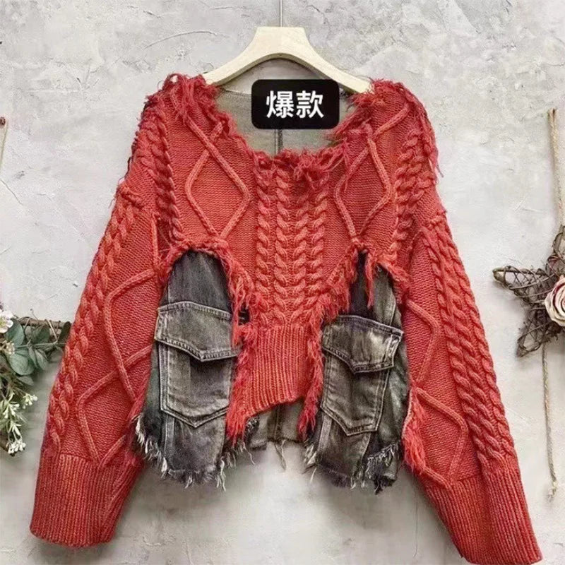Tannt Women Sweater Patchwork Asymmetry Pullover Knitting Tops Asymmetry Color Matching Loose Long Knitting Sweaters 2025 New