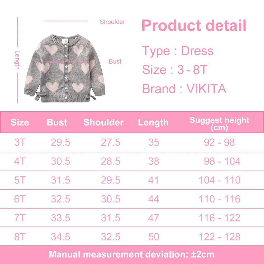 VIKITA Toddlers Girls Pink Heart Print Knitted Cardigan Kids Gray Sweater Coat Girls Soft Button Casual Warm Knitwear Tops
