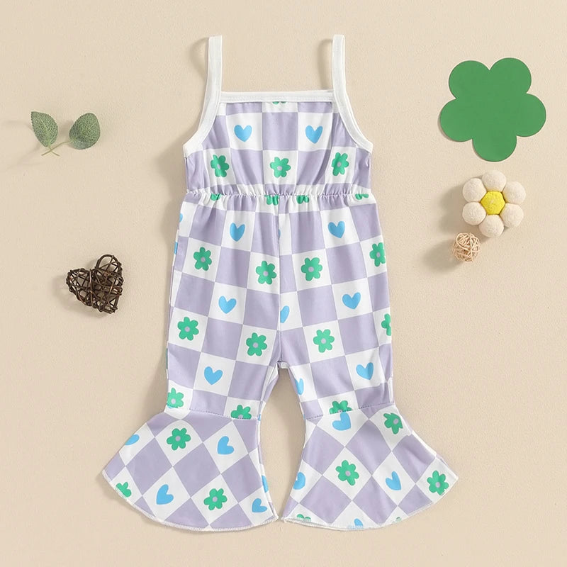 Baby Girl Overalls Jumpsuit Floral Plaid Print Summer Sleeveless Flared Romper for Newborn Toddler Cute Clothes