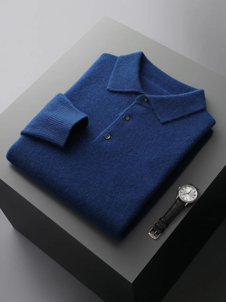 Fashion Autumn Winter New Cashmere Sweater Men's 100% Merino Wool Pullover Casual Loose POLO Knitted Bottom Shirt Jacket Shirt
