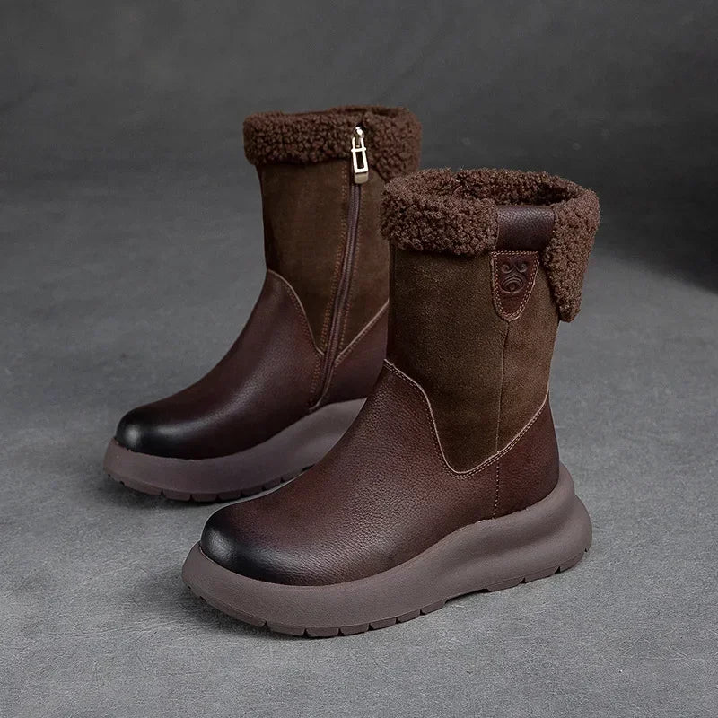 Koznoy 5cm Natural Genuine Leather Chunky Cow Spring Rubber Ankle Boots Soft Soled Winter Plush Flats Booties Autumn Women Shoes