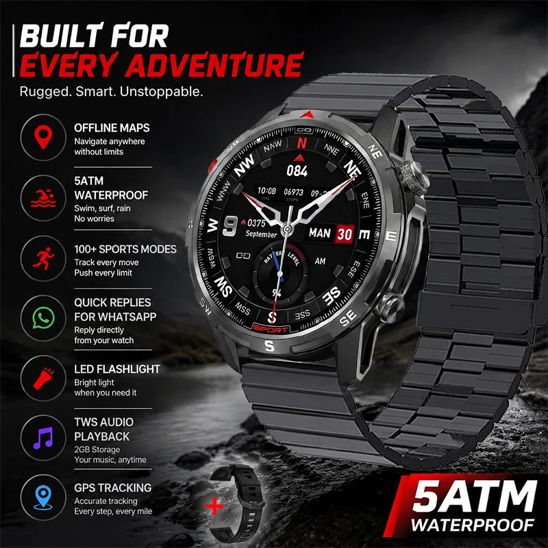 New Outdoor Smart Watch 1.43inch Screen 2GB Memory Map Navigation GPS Positioning 5ATM Waterproof LED Flashlight Smart Watch