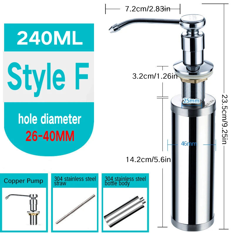 Stainless Steel Sink Soap Dispenser Kitchen Detergent Liquid Soap Dispenser Refillable Hand Press Sink Built-in Bottle
