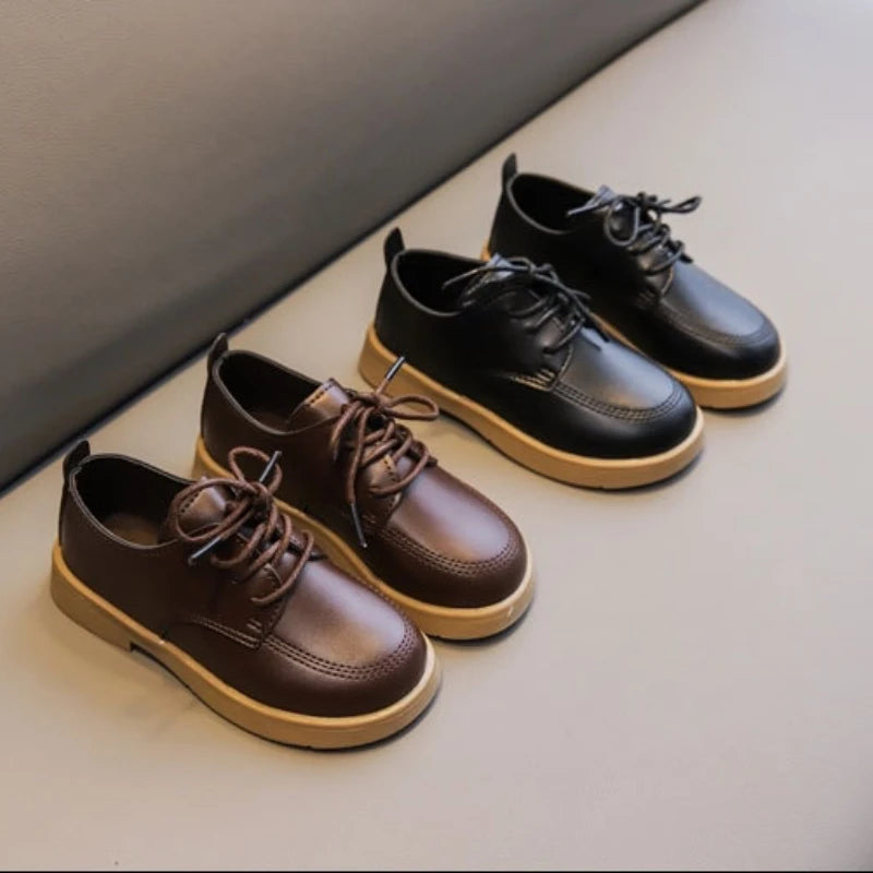 Zapatos de cuero para niños estilo británico con cordones zapatos sólidos para niñas punta redonda mocasines de tacón bajo para niños zapatos de rendimiento escolar