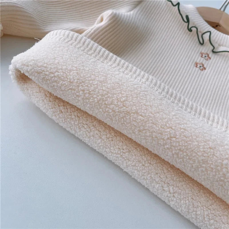 Toddler Baby Winter Velvet Sweater Shirts Children Cute Flower Base Tops Kids Fall Long Sleeve Warm Pullover Shirt fits 1-10Year