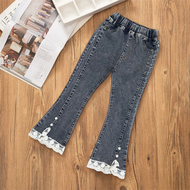 Girls Jeans Fashion Lace Elastic Waistline Denim Flared Pants Autumn Solid Color Trousers Teenager Spring Kid Girl Clothes 1-12Y