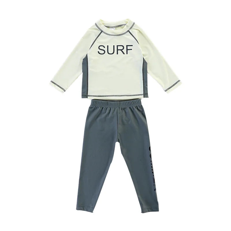 Conjuntos de trajes de baño para niños, Top de manga larga con estampado de letras de secado rápido + bañador, traje de surf, traje de baño para niños pequeños