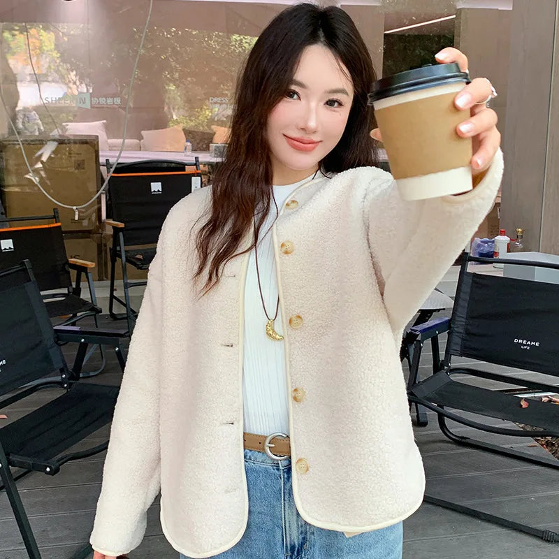 Round Neck Imitation Cashmere Jacket for Women Autumn Winter New Polar Fleece Casual Cardigan Long-sleeved Loose Top