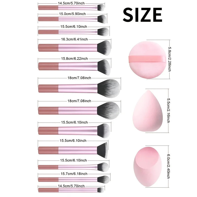 15pcs Makeup Brush Set, Including 12pcs Multi-Functional Ultra-Soft Makeup Brushes And 1pc Angled Tear Drop-Shaped Beauty Sponge