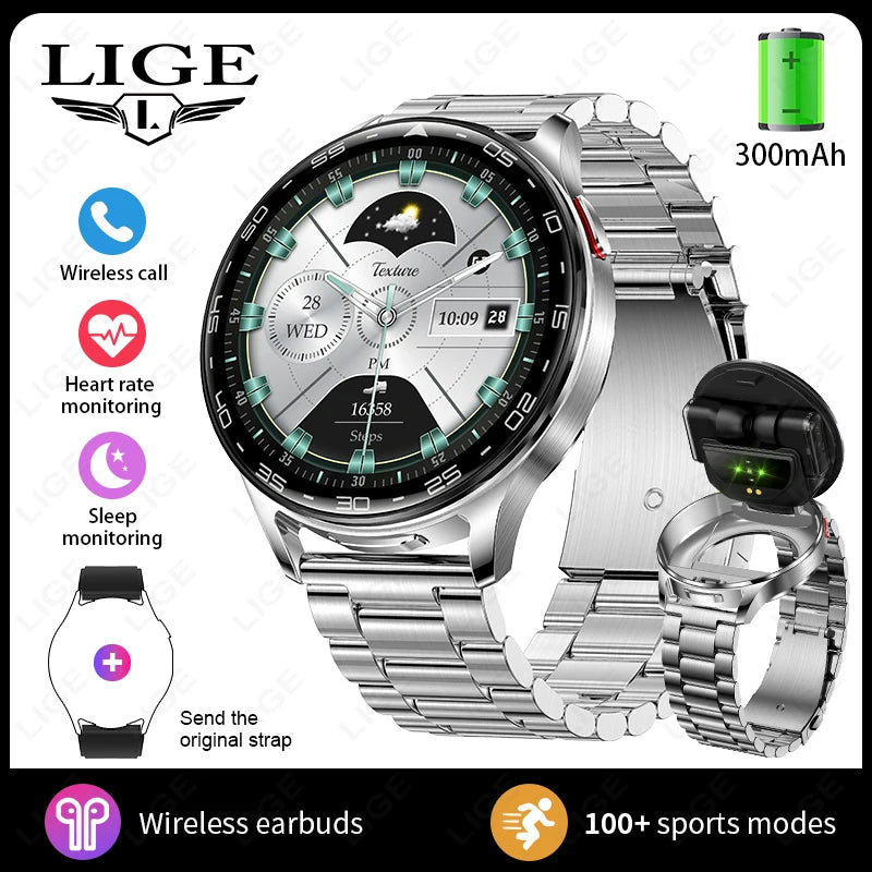 LIGE 2 In 1 TWS Headset Smart Watch 1.39" Women Men Sport Fitness Heart Rate Health Tracker Watches Earphone Music Smartwatch