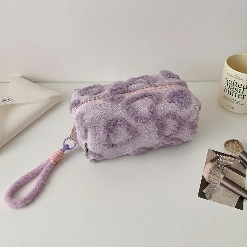 Cute Plush Makeup Bag For Women Portable Travel Small Cosmetic Bags Solid Color Zipper Toiletry Bag Washing Pouch Storage Bags