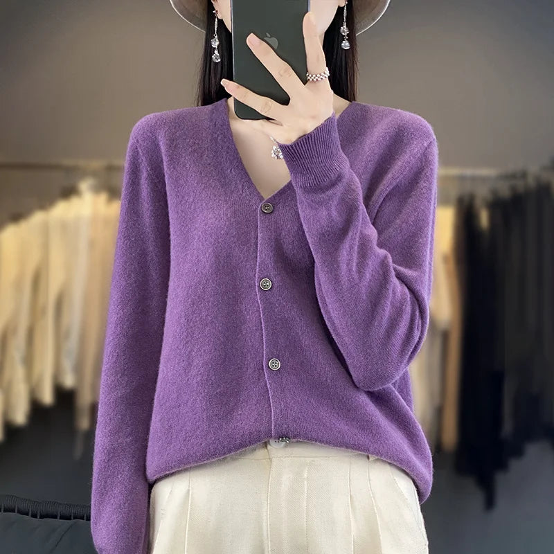 New Fashion Spring Autumn 100% Merino Wool Women's V-neck Cardigan Cashmere Sweater 2024 Female Knitwear Clothing Korean Tops