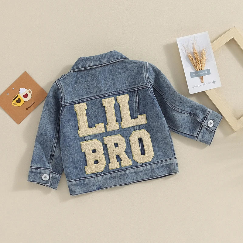 Baby Jean Jacket Newborn Boy Winter Spring Clothes Back LIL BRO Letter Embroidery Long Sleeve Lapel Denim Coat
